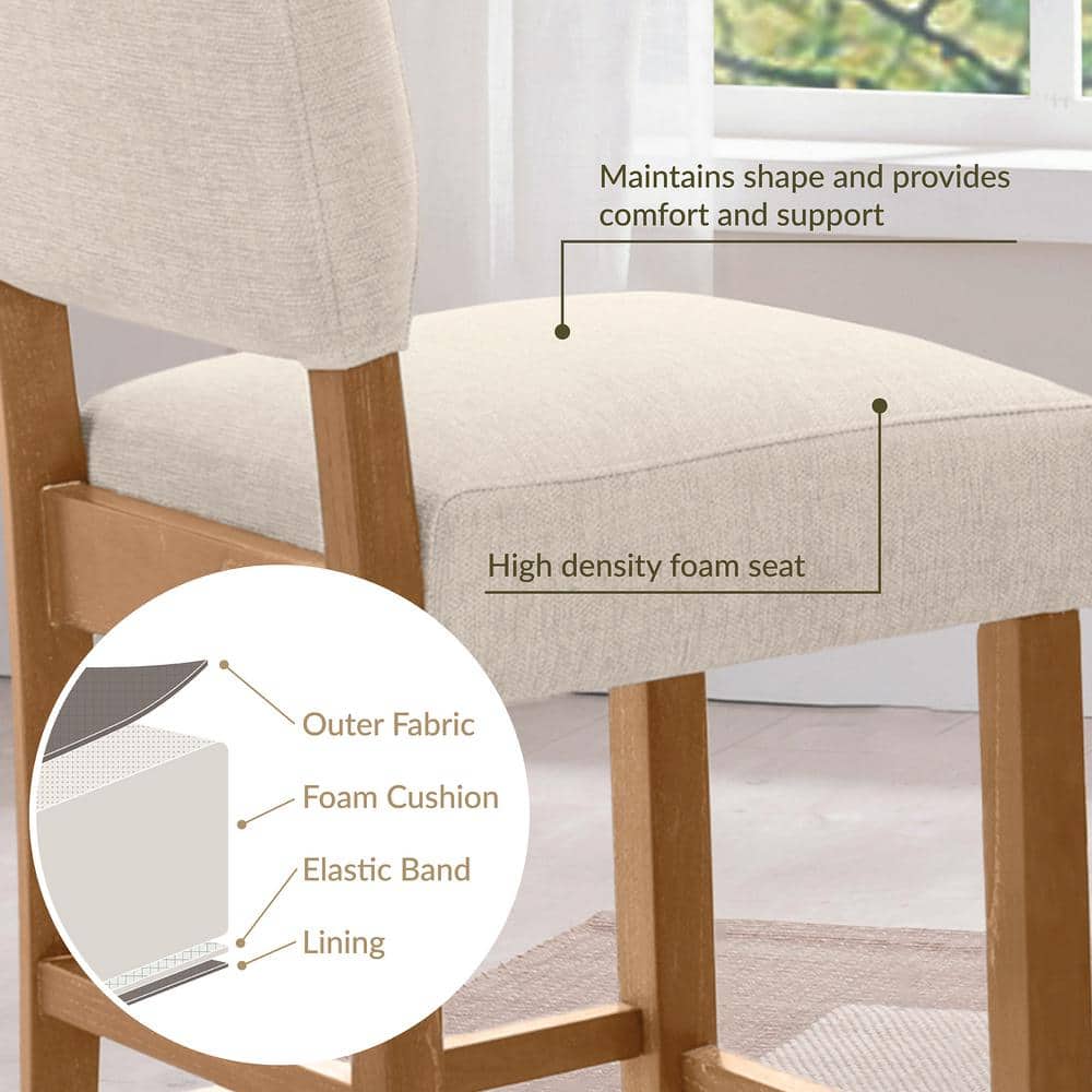 Natural White Sand Upholstered Bar Height Stools with Wood Base, Set of 2