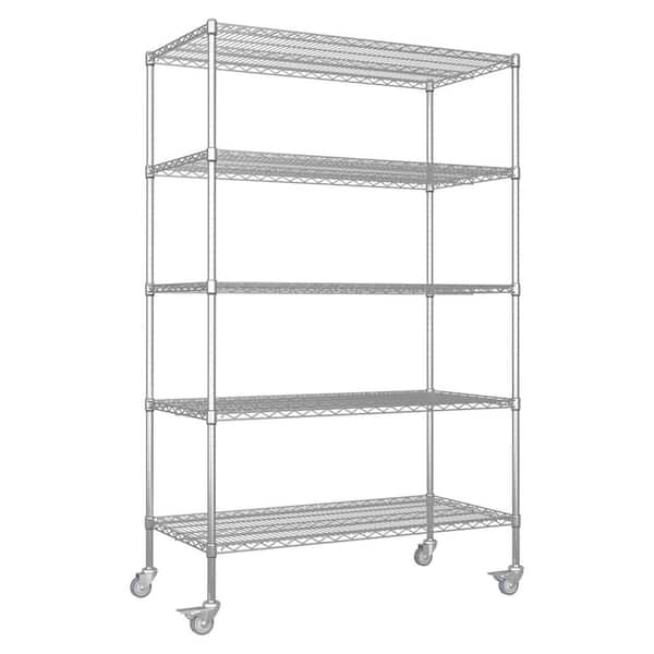 5 Tier Heavy Duty Adjustable Kitchen Shelving in Silver with Wheels Storage Rack 2000 lbs. 48 x 24 x 72