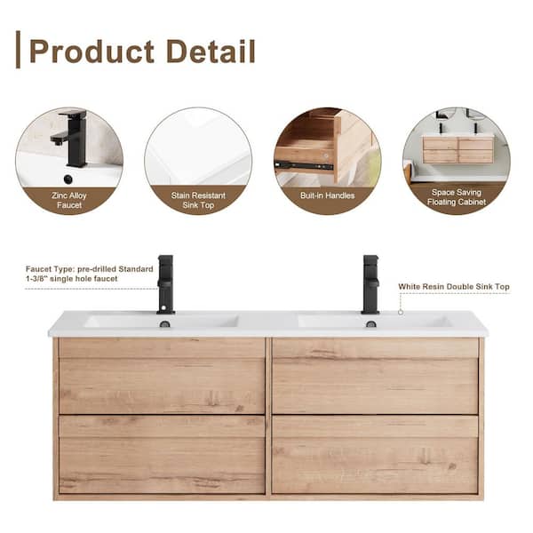 48 in. W x 18.1 in. D x 18.1 in. H Double Sink Bath Vanity in Oak with White Ceramic Top and Drain Faucet Set