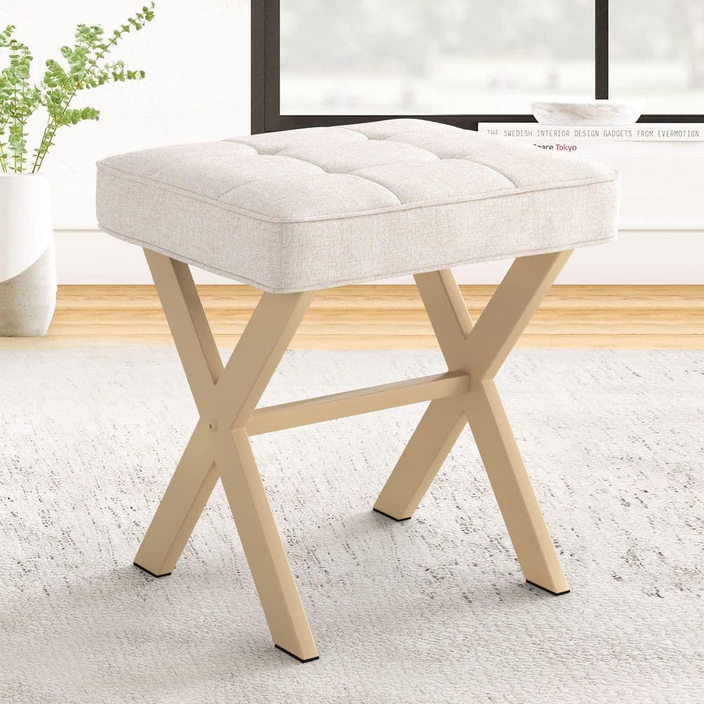 Square Linen Makeup Vanity Stool, Metal X Legs, Small Ottoman Stool Chair for Vanity, Modern Padded Seat Foot Rest