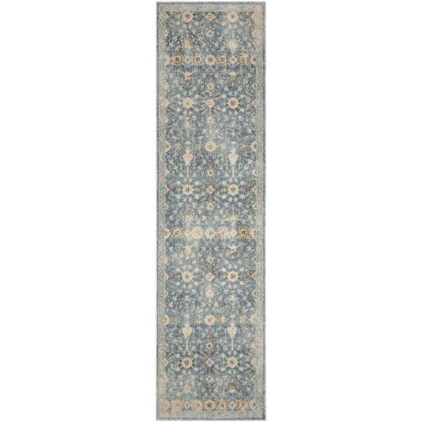 Nourison Astra Machine Washable Teal Beige 2 ft. x 8 ft. Distressed Traditional Runner Area Rug