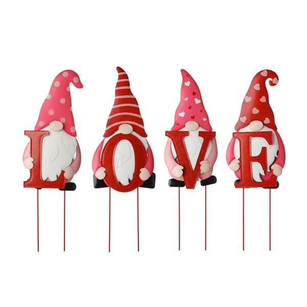 Glitzhome 24 in. H Set of 4 Metal Valentine's LOVE Gnome Yard Stake/Hanging Sign (KD, 2 Function)