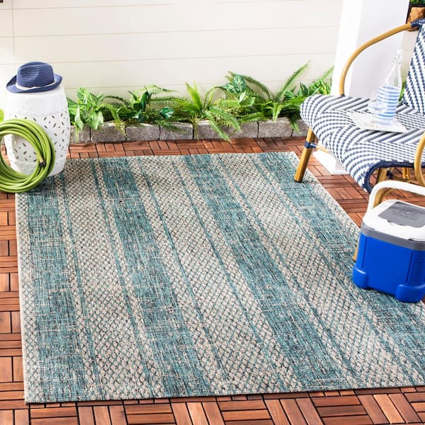 Courtyard Light Gray/Teal 4 ft. x 4 ft. Distressed Striped Diamond Indoor/Outdoor Square Area Rug