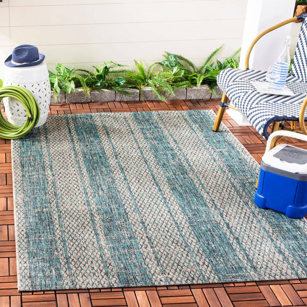 Light Gray and Teal Striped Outdoor Area Rug