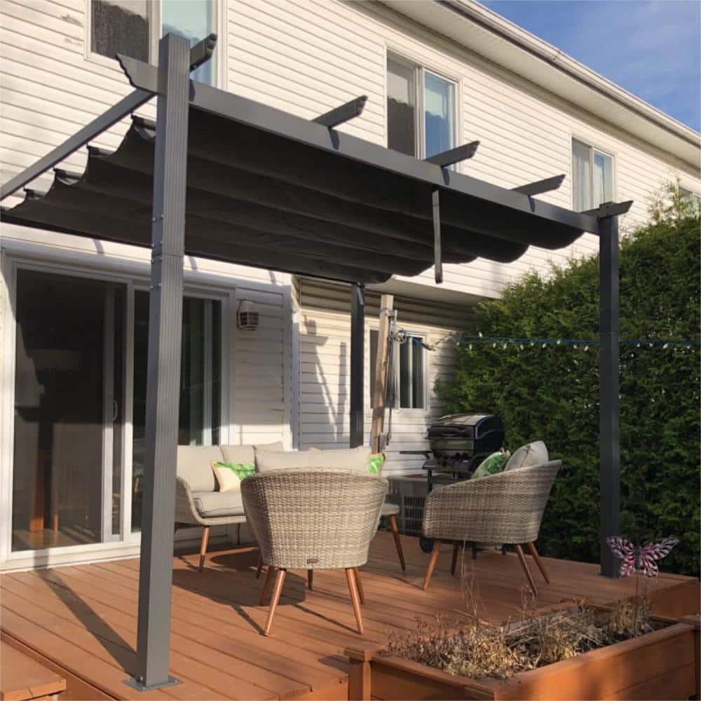 Gray Aluminum 9.5' x 13' Retractable Pergola with Canopy
