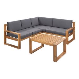 3-Piece Acacia Wood Outdoor Sectional Set with Grey Cushions