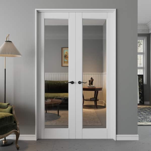 48 in. x 80 in. 1-Lite Clear Glass Universal White Solid Core MDF Double French Door with Quick Assemble Jamb