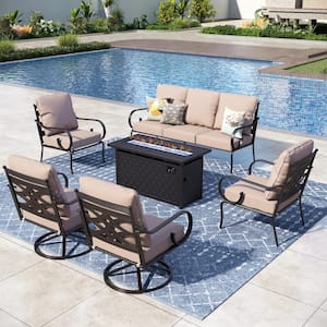 Black Metal 7 Seat 6-Piece Steel Outdoor Fire Pit Patio Set with Beige Cushions, Black Rectangular Fire Pit Table