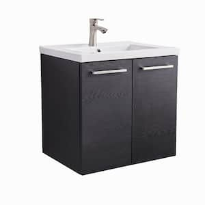 24 in. W x 18 in. D x 23 in. H Single Ceramic Sink Wall-Mounted Bathroom Vanities in Black Wood Grain in White