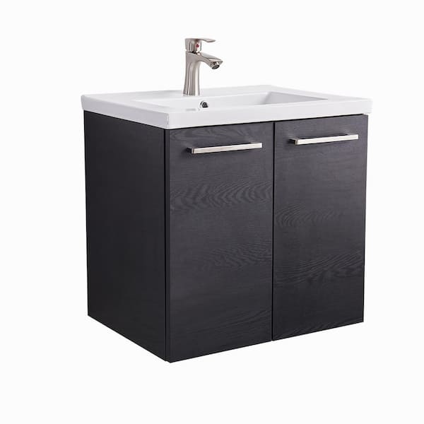 VC CUCINE 24 in. W x 18 in. D x 23 in. H Single Ceramic Sink Wall-Mounted Bathroom Vanities in Black Wood Grain in White