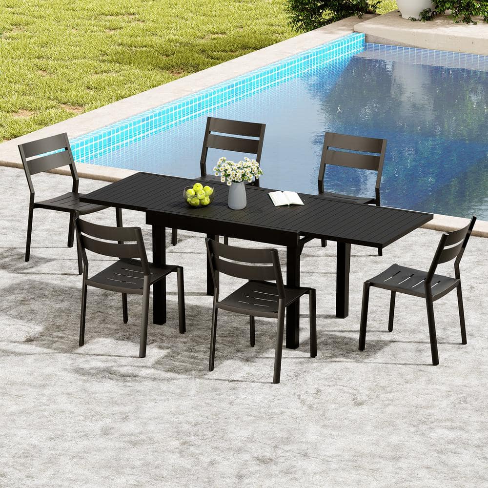 Black 7-Piece Aluminum Outdoor Dining Set with 82.7 in. Extension and Stackable Chair price history on PriceWatchPro