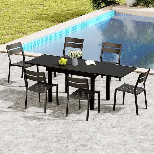 Crestlive Products Black 7-Piece Aluminum Outdoor Dining Set with 82.7 in. Extension and Stackable Chair