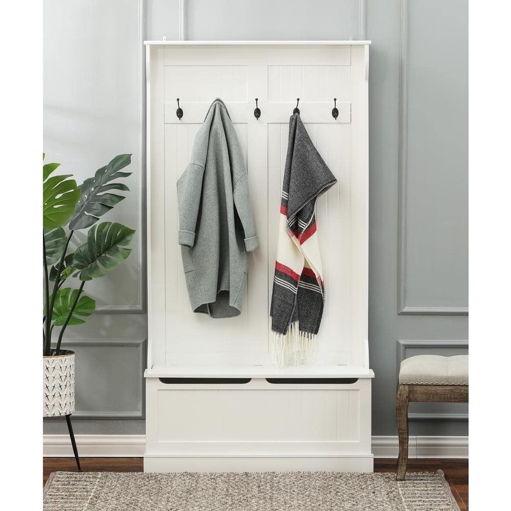 Bright White MDF Hall Tree with Storage Bench and Coat Hooks