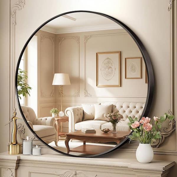 31.5 in. W x 31.5 in. H Round Modern Black Aluminum Alloy Framed Bathroom Mirror Wall Mirror