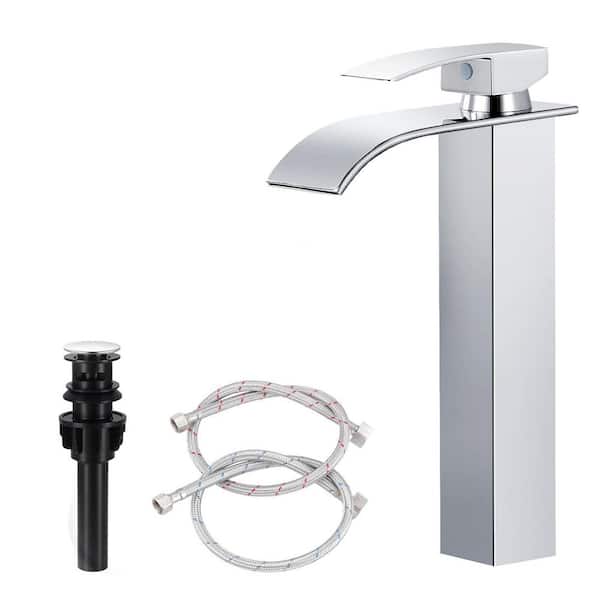 Waterfall Single Handle Vessel Sink Faucet with Pop-Up Drain in Polished Chrome