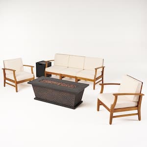 Driscoll Teak Brown 7-Piece Wood Patio Fire Pit Seating Set with Cream Cushions
