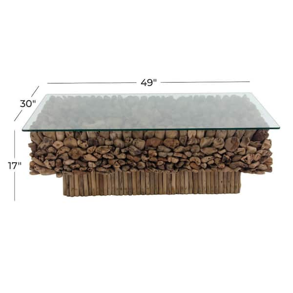 49 in. Brown Medium Rectangle Driftwood Handmade Collage and Pedestal Base Coffee Table with Tempered Glass Top