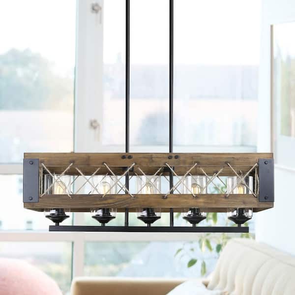 LALUZ Wood Chandelier Black Farmhouse Island 5-Light Rectangular Cage Ropes Chandelier with Cylinder Clear Glass Shades