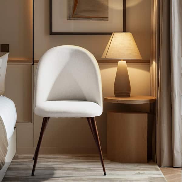 HATA White Fabric Upholstered Accent Side Chairs with Ergonomic Oval Back, Cushioned Seat, and Walnut Legs (Set of 4)