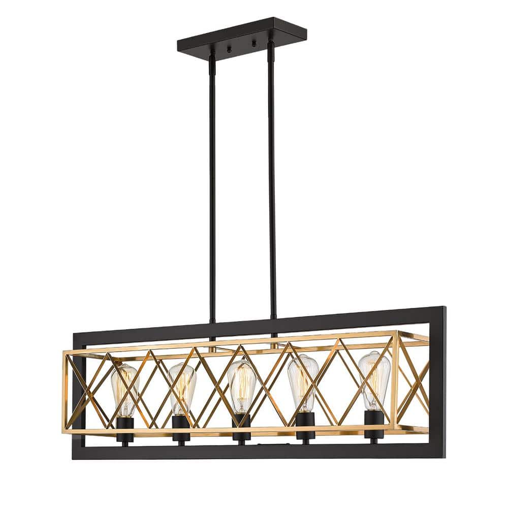 JAZAVA 5Light Black and Gold Rustic Linear Chandelier for Kitchen