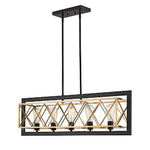 5-Light Black and Gold Rustic Linear Chandelier for Kitchen Island with No Bulbs Included