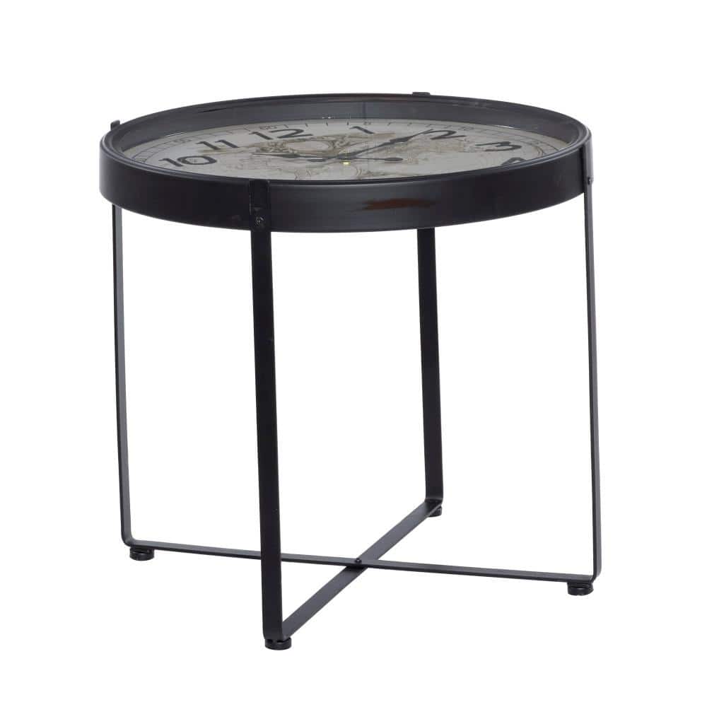 Black Round Metal and Glass Clock Accent Table