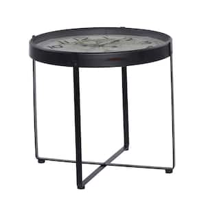 24 in. Black Round Glass Clock End Table with Map Background and Clear Top
