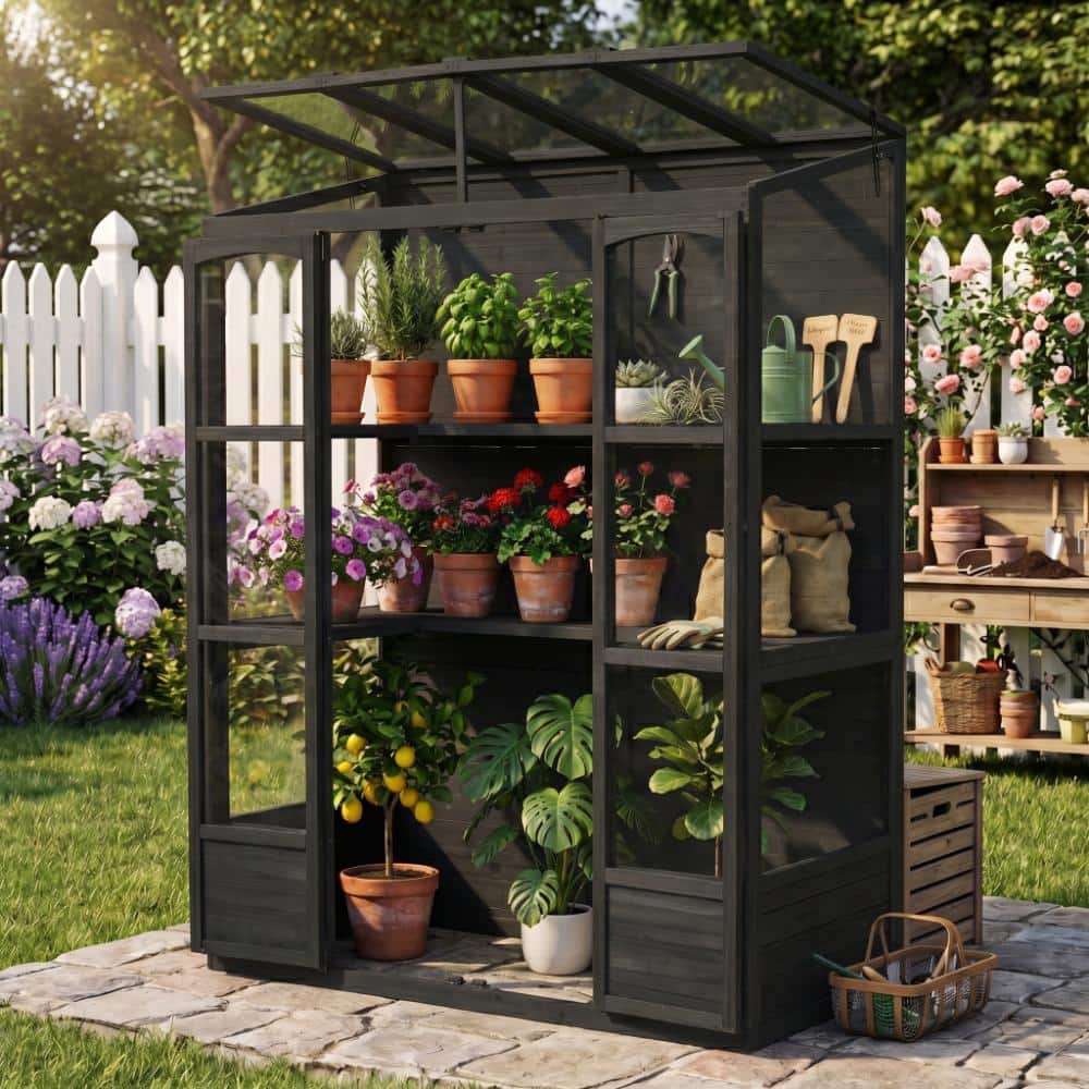 HomeAura 57.9 in. W x 29.1 in. D x 78.1 in. Wood Black Greenhouse