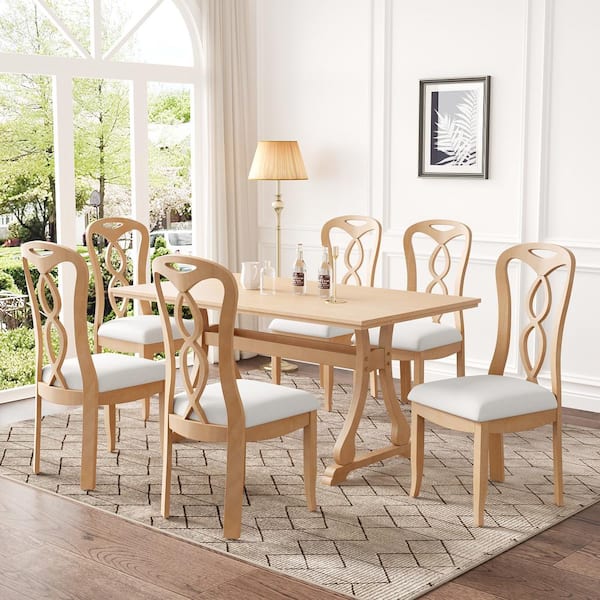 Harper & Bright Designs 7-Piece Natural Acacia Veneer MDF Top Dining Set with 6 Beige Linen Upholstered Chairs