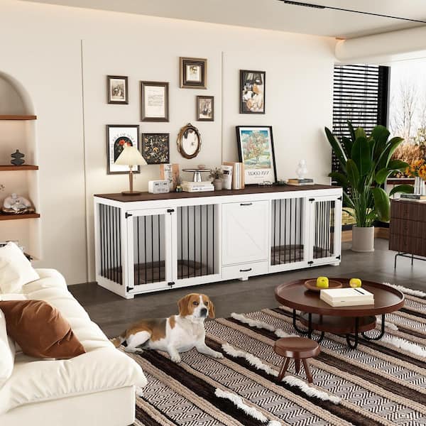 FUFU&GAGA Modern Indoor Large Dog Crate With 4 Dog Bowls and A Dog Food Drawer, Wooden Dog Crate Kennel Furniture for Dogs, White