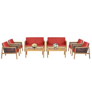 8-Piece Patio Rattan Furniture Set Acacia Wood Cushioned Sofa Red
