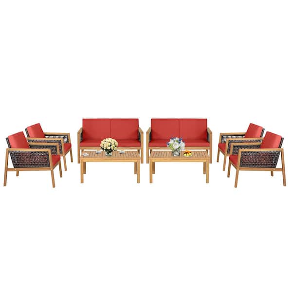 Costway 8-Piece Patio Rattan Furniture Set Acacia Wood Cushioned Sofa Red