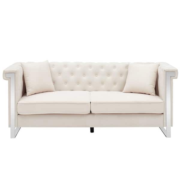 Unbranded 78 in. Rolled Arm Chenille Tufted Button Fabric Rectangle Modern Straight Sofa in Beige