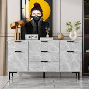 5-Drawers Grey Marble Wood Grain Chest of Drawer with 2-Doors Cabinets Bedroom (15.7 in. D x 29.5 in. H x 55.1 in. W)