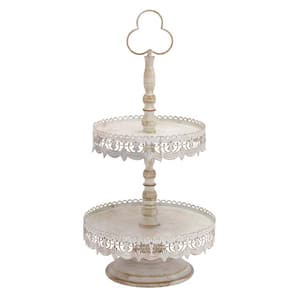 White Metal 2 Decorative Tiered Server with Lace Inspired Edge