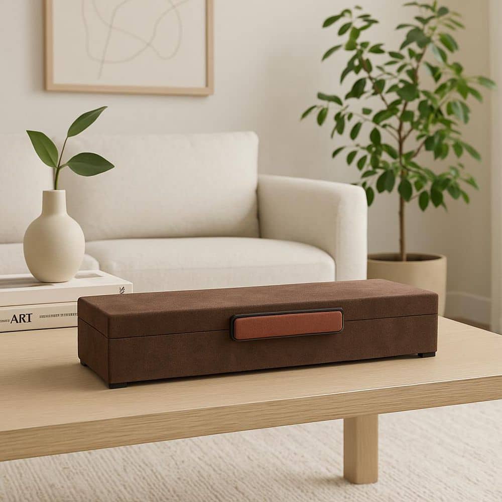 Black/Brown 18 in. x 4 in. Wood Faux Leather Decorative Box with Lid