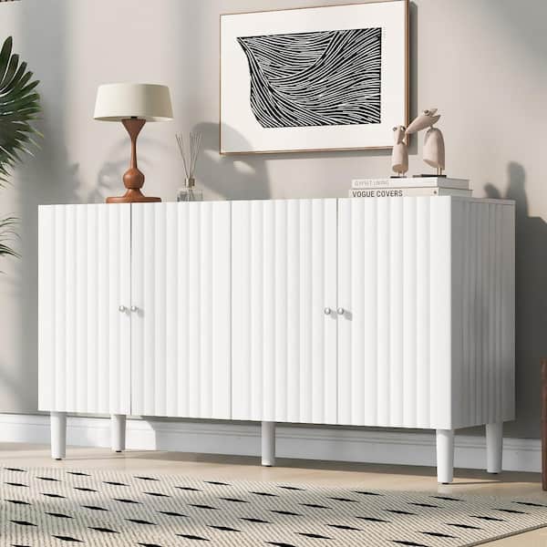 Harper & Bright Designs White Wood 58.1 in. Sideboard with Adjustable Shelves, 4-Wavy Doors and 5-Rubber Wood Legs