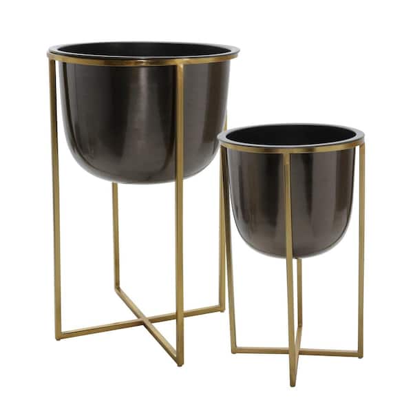 Flynama 21 in./25 in. Bronze Metal Planter Stand Plant Pot with Gold Stand Feet for Outdoor/Indoor Stand (2-Pack)