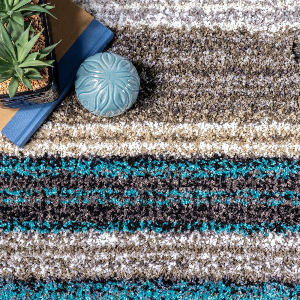 Blue Multi Striped Hand-Tufted Shag Area Rug 5' x 8'