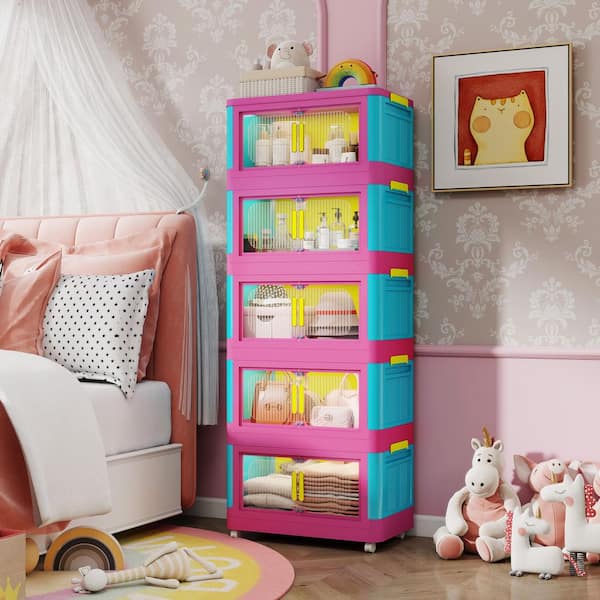 Pink Plus Blue 50 in. H 5-Tiers Folding Collapsible Storage Cabinet with Door, Plastic Storage Cabinet with Wheels