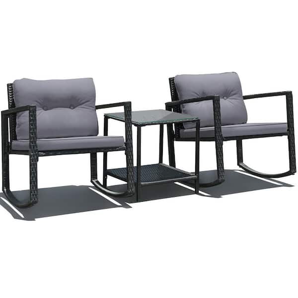 FORCLOVER 3-Pieces Rattan Wicker Patio Conversation Outdoor Rocking Chair With Gray Cushions