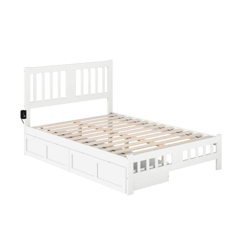 White Full Wood Bed with Headboard and 2 Drawers