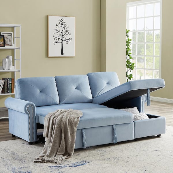 Eer 83 In W 2 Piece Velvet Sleeper Sofa Bed Convertible Sectional Couch With Storage Chaise Blue