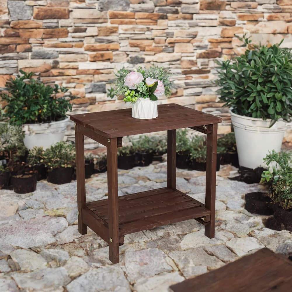 Light Brown Fir Wood Rectangular Outdoor End Table