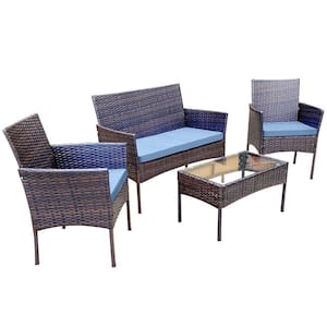 Alvino 4-Piece Wicker Rattan Outdoor Patio Bistro Furniture Set with Grey Cushion