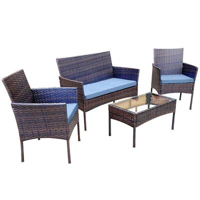 Alvino 4-Piece Wicker Rattan Outdoor Patio Bistro Furniture Set with Grey Cushion