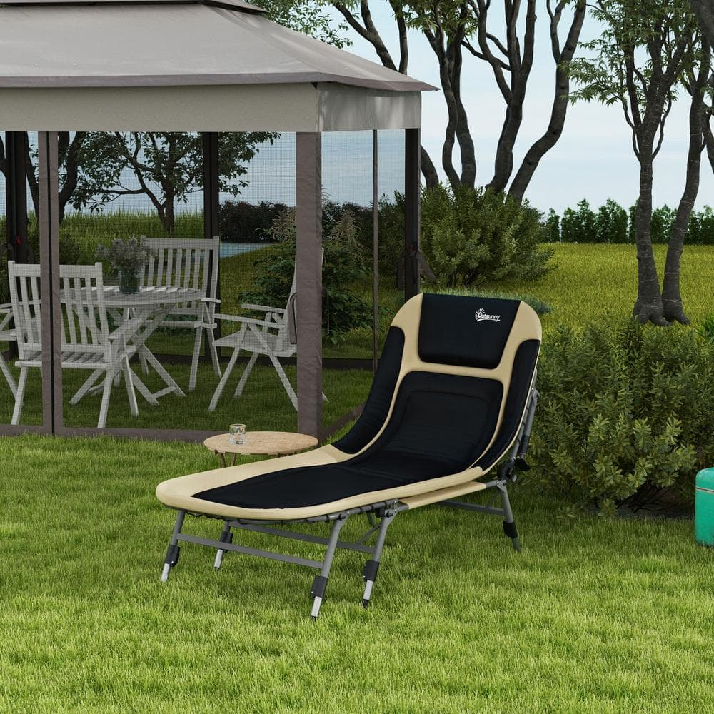 Cream White Folding Camping Cot with Adjustable Backrest and Cushion