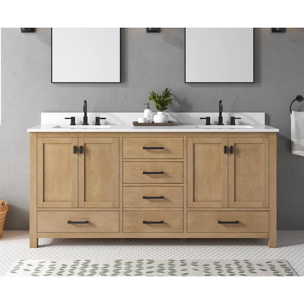 Avanity Modero 73 in. Double Sink Brushed Oak Bath Vanity with Cala White Engineered Stone Top