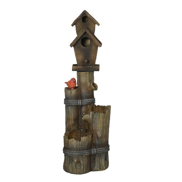 Brown Cascade Fountain with Birdhouse, Garden Waterfall Bird Bath with 3-Tier Rustic Tree Trunk, LED Lights for Yard