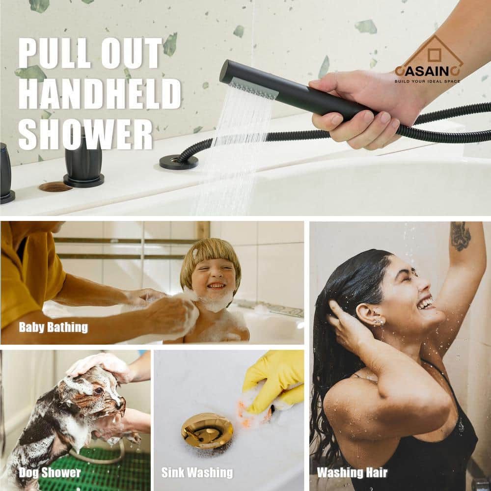 Matte Black Triple Handle Deck Mount Roman Tub Faucet with Hand Shower
